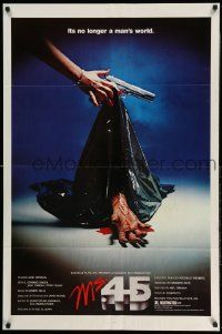 2g590 MS. .45 1sh '82 Abel Ferrara cult classic, cool body bag image and bloody hand!