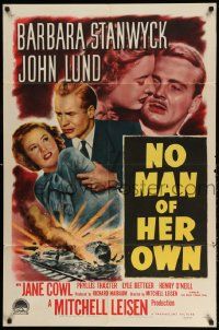 2g620 NO MAN OF HER OWN 1sh '50 Barbara Stanwyck, cool artwork of exploding train!