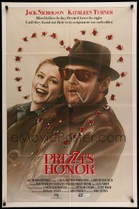 2g680 PRIZZI'S HONOR int'l 1sh '85 Jack Nicholson & Kathleen Turner w/bullet holes forming a heart!