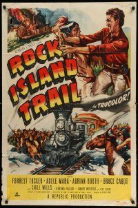 2g720 ROCK ISLAND TRAIL 1sh '50 Forrest Tucker vs Native Americans, cool train art!