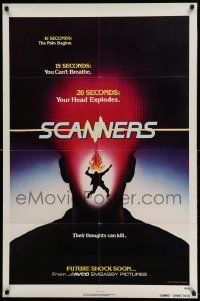 2g742 SCANNERS teaser 1sh '81 Cronenberg, in 20 seconds your head explodes, their thoughts can kill