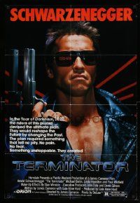 2g832 TERMINATOR 1sh '84 close up of classic cyborg Arnold Schwarzenegger with gun!
