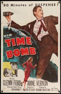 2g861 TIME BOMB 1sh '53 Terror on a Train, art of Glenn Ford & Anne Vernon in explosive action!