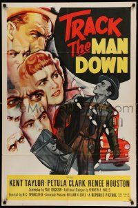 2g874 TRACK THE MAN DOWN 1sh '55 cool art of detective Kent Taylor tracing footsteps, Petula Clark