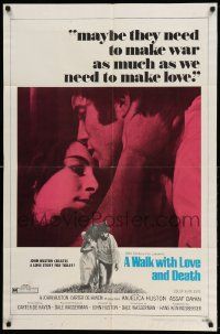 2g918 WALK WITH LOVE & DEATH 1sh '69 John Huston, Anjelica Huston romantic close up!