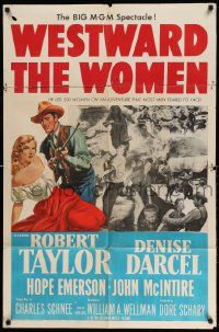 2g938 WESTWARD THE WOMEN 1sh '51 art of Robert Taylor & sexy mail-order bride Denise Darcel!