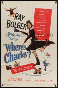 2g946 WHERE'S CHARLEY 1sh '52 great artwork of wacky cross-dressing Ray Bolger!