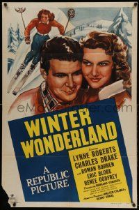 2g962 WINTER WONDERLAND 1sh '47 cool art of Lynne Roberts skiing, Charles Drake!