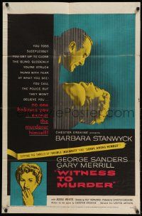 2g965 WITNESS TO MURDER 1sh '54 no one believes what Barbara Stanwyck saw except for the murderer!