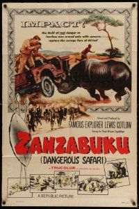 2g997 ZANZABUKU 1sh '56 Dangerous Safari in savage Africa, art of rhino ramming jeep!