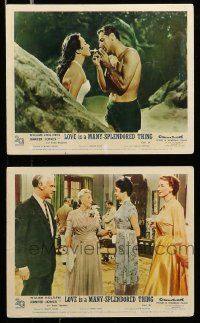 2h142 LOVE IS A MANY-SPLENDORED THING 2 color English FOH LCs '55 William Holden & Jennifer Jones!