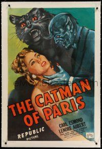 2j092 CATMAN OF PARIS linen 1sh '46 really cool horror art of feline monster attacking sexy girl!