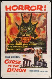 2j095 NIGHT OF THE DEMON linen 1sh '57 Jacques Tourneur, artwork of the wackiest monster from Hell!