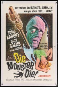 2j097 DIE, MONSTER, DIE linen 1sh '65 art of Boris Karloff, ultimate in diabolism, H.P. Lovecraft!