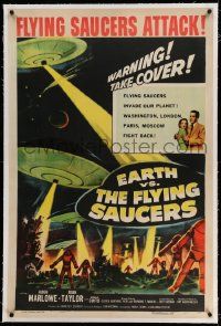 2j099 EARTH VS. THE FLYING SAUCERS linen 1sh '56 sci-fi classic, cool art of UFOs & aliens invading!