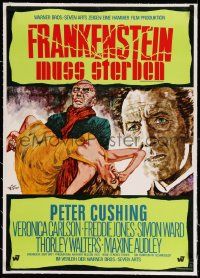 2j071 FRANKENSTEIN MUST BE DESTROYED linen German '70 Goetze art of Peter Cushing & his monster!