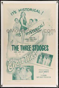 2j105 GHOST TALKS linen 1sh '49 great image of The Three Stooges w/ Shemp with sexy Lady Godiva!