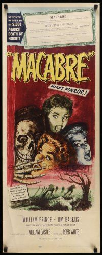 2k078 MACABRE insert '58 William Castle, cool artwork of skeleton & screaming babes in graveyard!