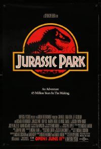 2k179 JURASSIC PARK advance 1sh '93 Steven Spielberg, classic logo with T-Rex over red background