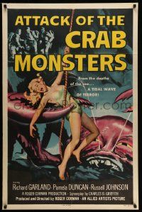 2m489 ATTACK OF THE CRAB MONSTERS 1sh '57 Roger Corman, art of sexy girl attacked by beast!