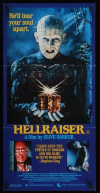 2m028 HELLRAISER Aust daybill '87 Clive Barker horror, Pinhead, he'll tear your soul apart!