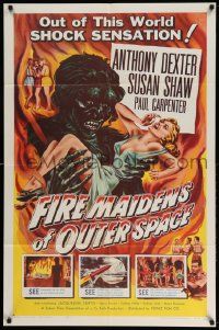 2m604 FIRE MAIDENS OF OUTER SPACE 1sh '56 great art of monster holding sexy babe by Kallis!
