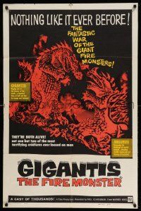 2m626 GIGANTIS THE FIRE MONSTER 1sh '59 cool art of Godzilla breathing flames at Angurus!