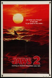 2m666 JAWS 2 teaser 1sh '78 art of man-eating shark's fin in red water at sunset, dated design!