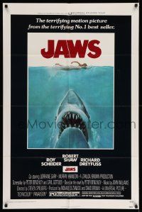 2m663 JAWS 1sh '75 art of Steven Spielberg's classic man-eating shark attacking sexy swimmer!