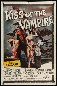 2m672 KISS OF THE VAMPIRE 1sh '63 Hammer, cool art of devil bats attacking by Joseph Smith