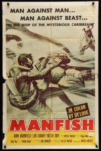 2m693 MANFISH 1sh '56 aqua-lung divers in death struggle with each other & sea creatures!