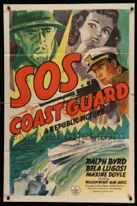 2m774 SOS COAST GUARD 1sh '42 art of mad scientist Bela Lugosi & Ralph Byrd with machine gun!