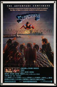 2m784 SUPERMAN II studio style 1sh '81 Christopher Reeve flying over New York City, villains!