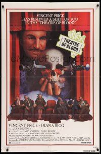 2m792 THEATRE OF BLOOD 1sh '73 great art of Vincent Price holding bloody skull w/dead audience!