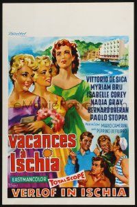 2p765 HOLIDAY ISLAND Belgian '57 different artwork of Vittorio De Sica and top female cast!