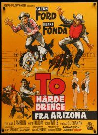2p196 ROUNDERS Danish '65 Wenzel art of Glenn Ford, Henry Fonda and cast on orange background!