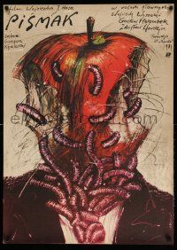 2p354 PISMAK Polish 26x36 '84 creepy Andrzej Pagowski art of man with wormy apple for a head!