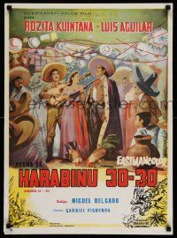 2p504 CARABINA 30-30 Yugoslavian 20x27 '58 cool different art of woman with rifle & mariachis!