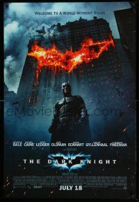 2r180 DARK KNIGHT int'l advance DS 1sh '08 Christian Bale as Batman in front of flaming building!
