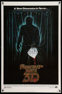 2r267 FRIDAY THE 13th PART 3 - 3D 1sh '82 slasher sequel, art of Jason stabbing through shower!