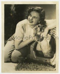 2s477 JUDY GARLAND 8x10 still '40 playing with her pet dog Honey while making movies with Rooney!
