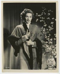 2s516 LAUREN BACALL 8x10.25 still '50 full-length in suit with fur cape from Young Man With a Horn!