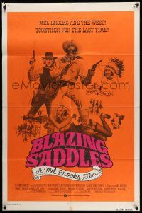 2t131 BLAZING SADDLES int'l 1sh '74 Mel Brooks western, different cast montage on orange background
