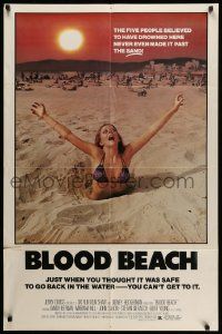 2t134 BLOOD BEACH 1sh '81 Jaws parody tagline, image of sexy girl in bikini sinking in sand!