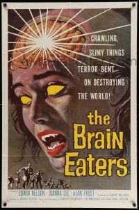 2t149 BRAIN EATERS 1sh '58 AIP, classic horror art of girl's brain exploding!