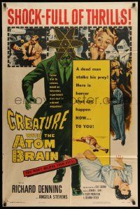 2t244 CREATURE WITH THE ATOM BRAIN 1sh '55 cool sci-fi art of dead man stalking his prey!