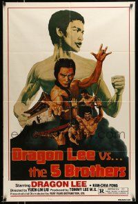 2t298 DRAGON LEE VS THE 5 BROTHERS 1sh '78 Wu da di zi, kung fu Bruce Lee ripoff art by Marcus!