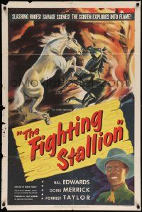 2t347 FIGHTING STALLION 1sh '50 cool wild horse fight artwork, the screen explodes into flame!