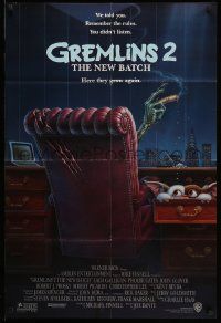 2t412 GREMLINS 2 advance 1sh '90 great Winters artwork of Gremlin in executive chair!