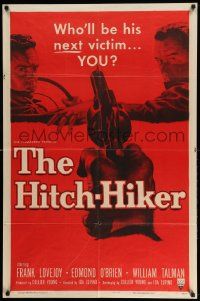 2t438 HITCH-HIKER style A 1sh '53 POV art of hitchhiker in back seat pointing gun at front!